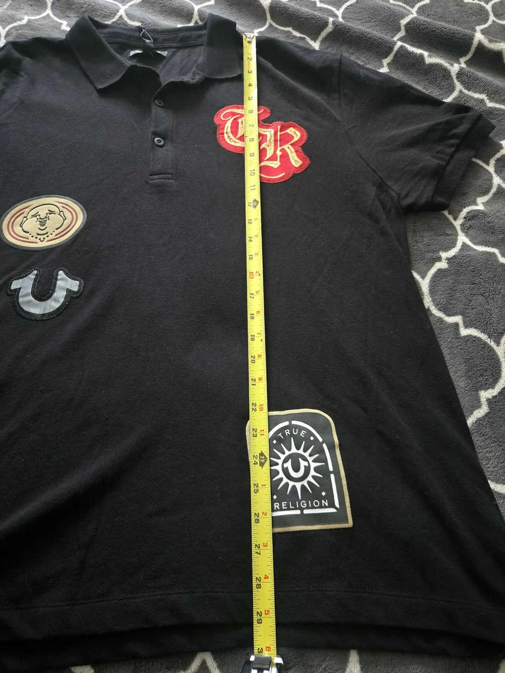 True Religion Black Polo with Red & Gold Embroidered Patches